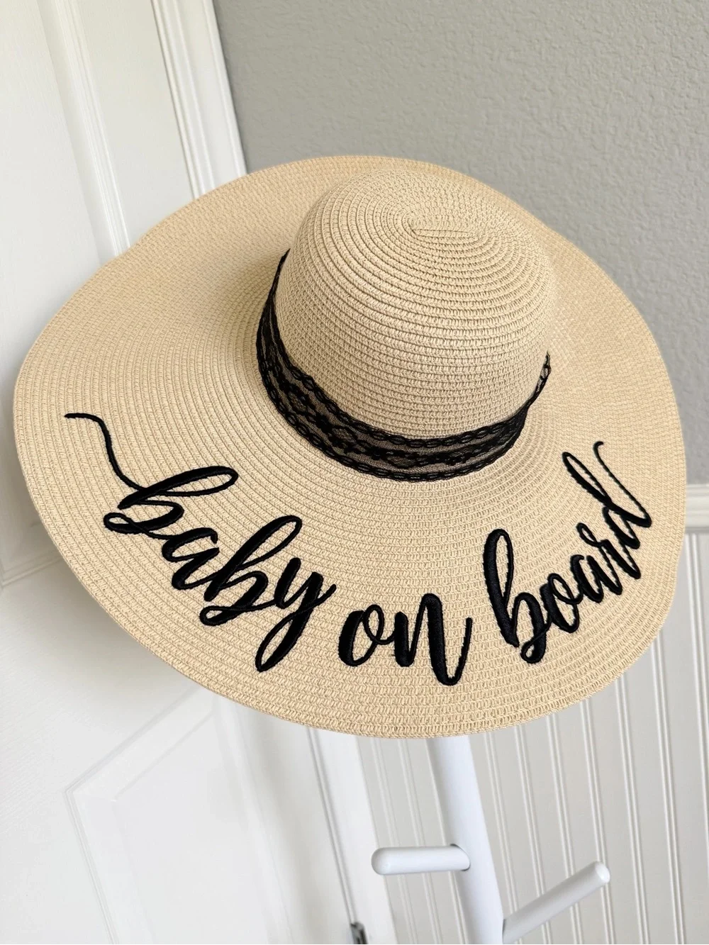 Chic Soul Embroidered “Baby on Board” Wide Brim Floppy Straw Hat | Adjustable